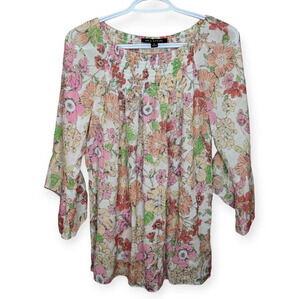 Zac & Rachel  Smocked Neck 3/4 Flutter Sleeve White Floral Women M